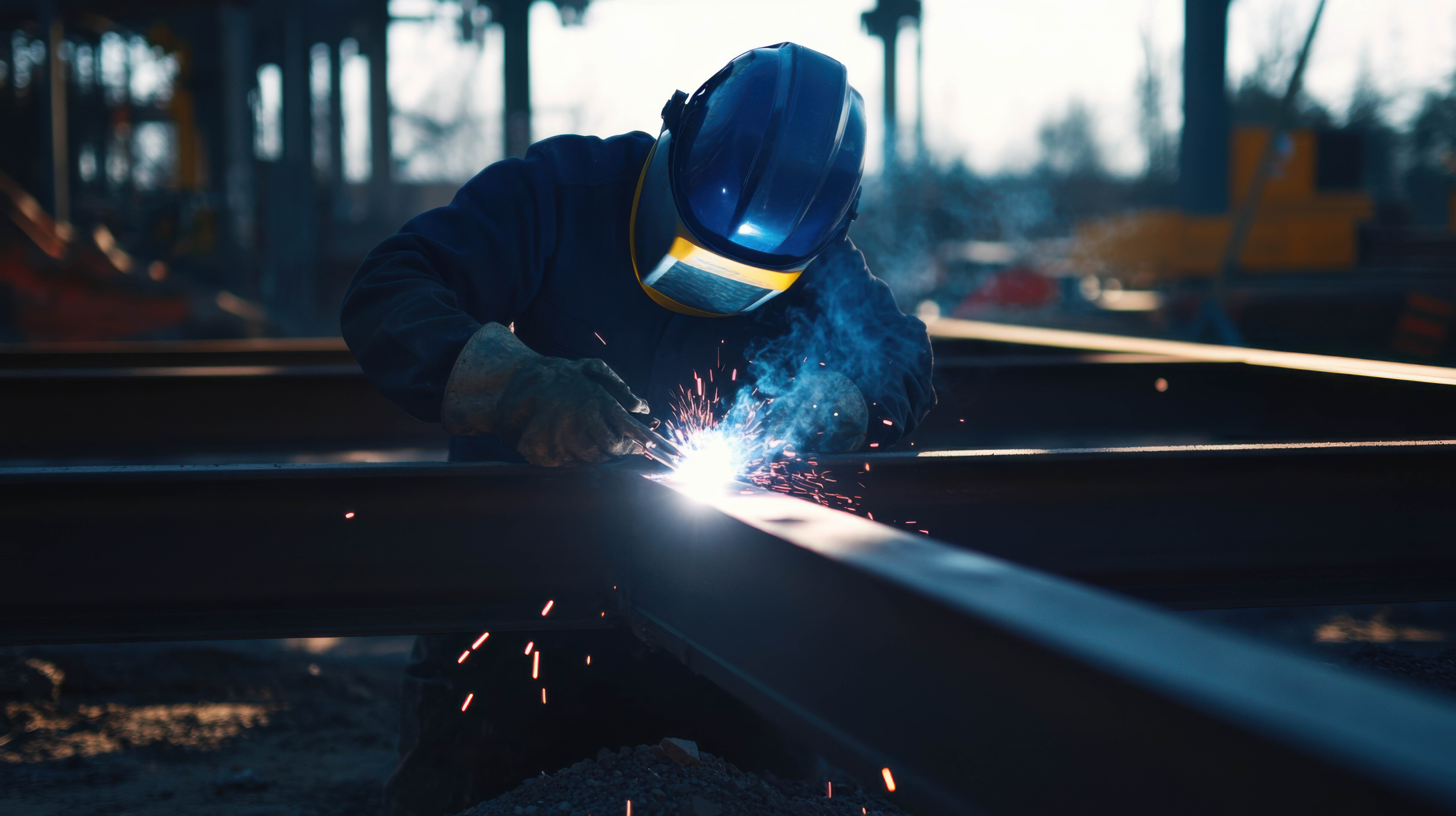 Welder working with bright sparks in a fabrication shop